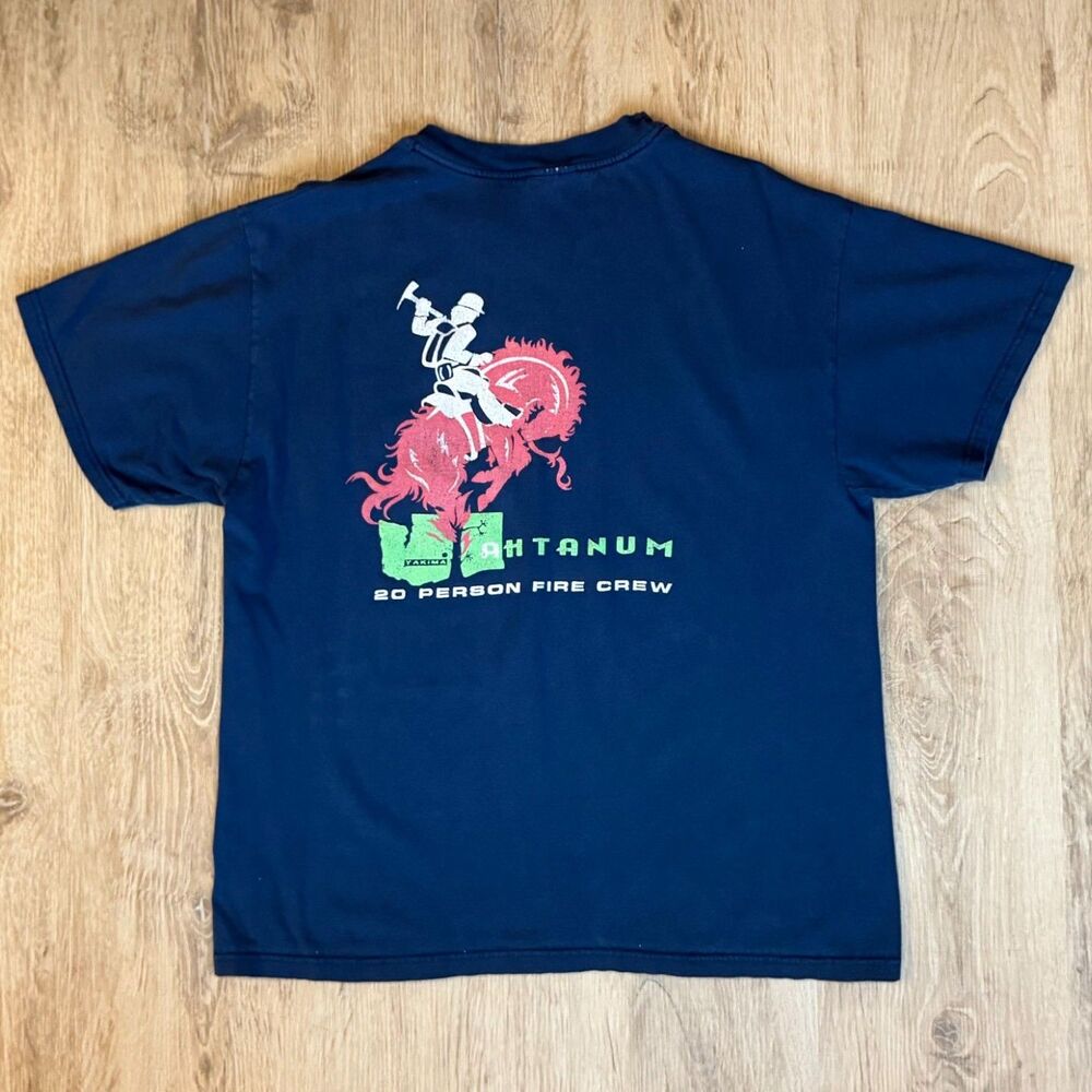 Hanes Graphic T-Shirt Fire Crew Rodeo Design Navy Blue Size Large Vintage USA